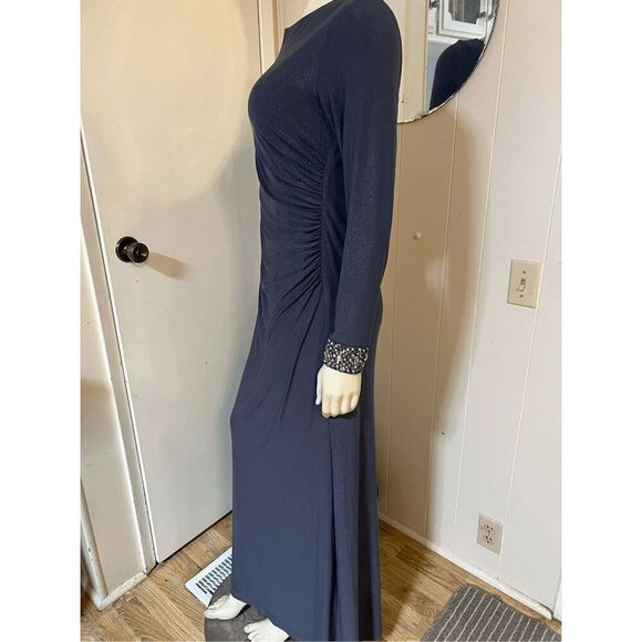 Alex Evenings Glittery Dark Gray Ruched Side floor Lengh Gown W/jeweled cuffs 8 - Picture 7 of 11